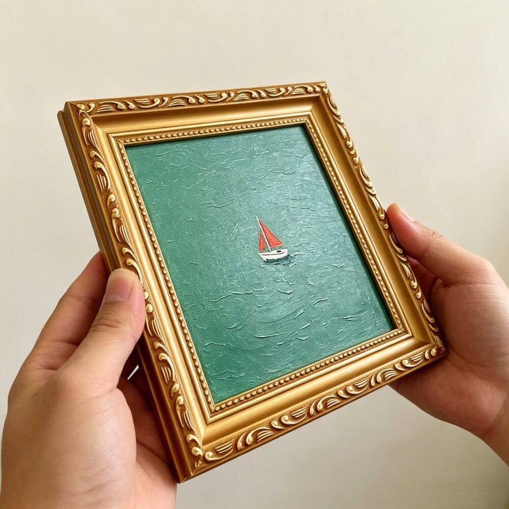 Hand-painted Small Framed Original Art, Miniature Green Boat Oil Painting, Gold Frame Wall Decor