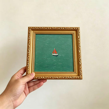 Hand-painted Small Framed Original Art, Miniature Green Boat Oil Painting, Gold Frame Wall Decor