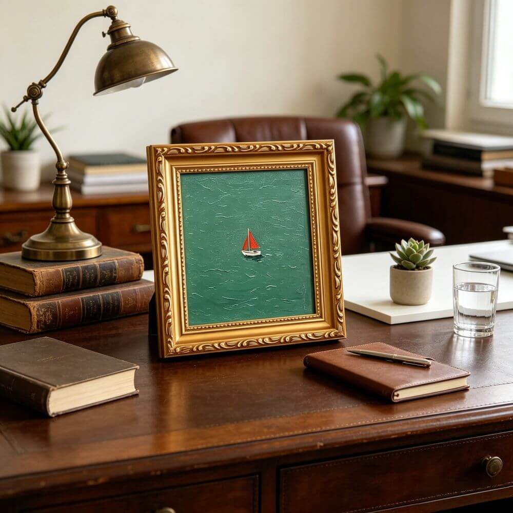 Hand-painted Small Framed Original Art, Miniature Green Boat Oil Painting, Gold Frame Wall Decor