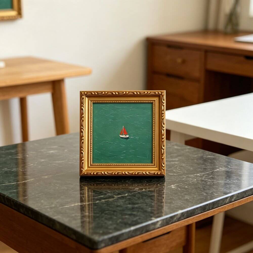 Hand-painted Small Framed Original Art, Miniature Green Boat Oil Painting, Gold Frame Wall Decor