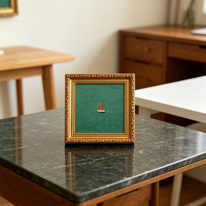 Hand-painted Small Framed Original Art, Miniature Green Boat Oil Painting, Gold Frame Wall Decor