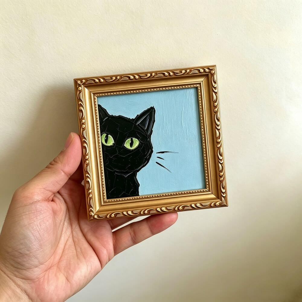 Hand-painted Small Framed Original Art, Miniature Black Cat Artwork, Hand Made Oil Paintings, Desk Decor