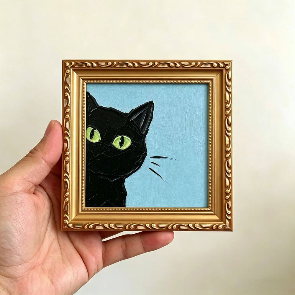Hand-painted Small Framed Original Art, Miniature Black Cat Artwork, Hand Made Oil Paintings, Desk Decor
