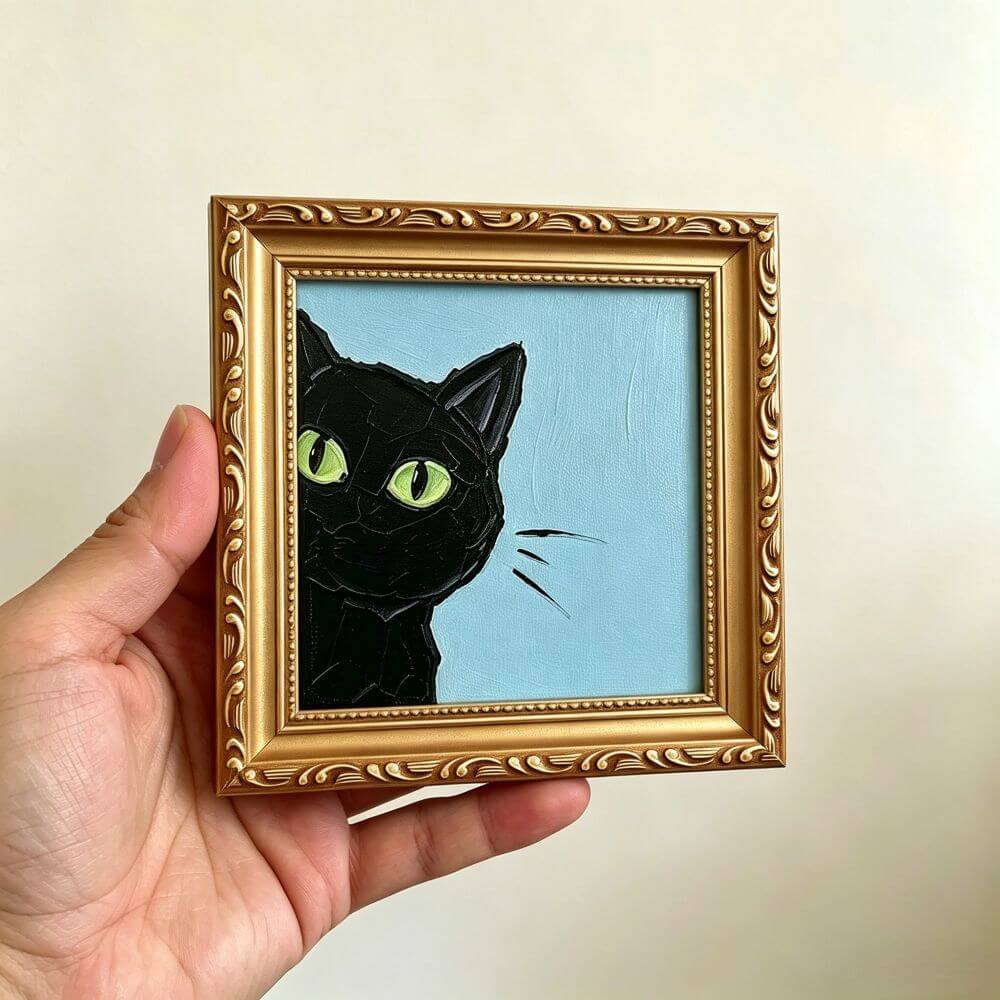Hand-painted Small Framed Original Art, Miniature Black Cat Artwork, Hand Made Oil Paintings, Desk Decor