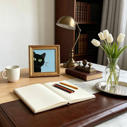 Hand-painted Small Framed Original Art, Miniature Black Cat Artwork, Hand Made Oil Paintings, Desk Decor