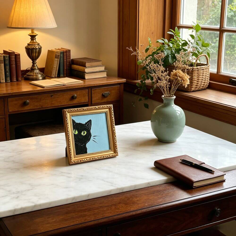 Hand-painted Small Framed Original Art, Miniature Black Cat Artwork, Hand Made Oil Paintings, Desk Decor