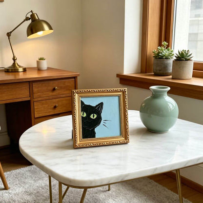 Hand-painted Small Framed Original Art, Miniature Black Cat Artwork, Hand Made Oil Paintings, Desk Decor