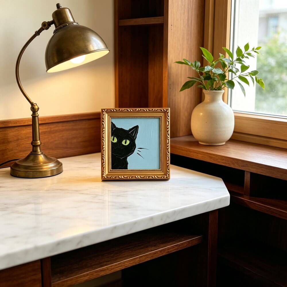 Hand-painted Small Framed Original Art, Miniature Black Cat Artwork, Hand Made Oil Paintings, Desk Decor