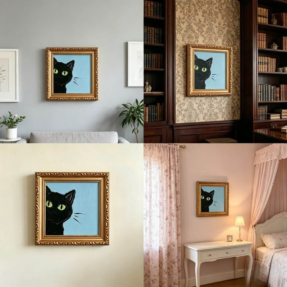 Hand-painted Small Framed Original Art, Miniature Black Cat Artwork, Hand Made Oil Paintings, Desk Decor