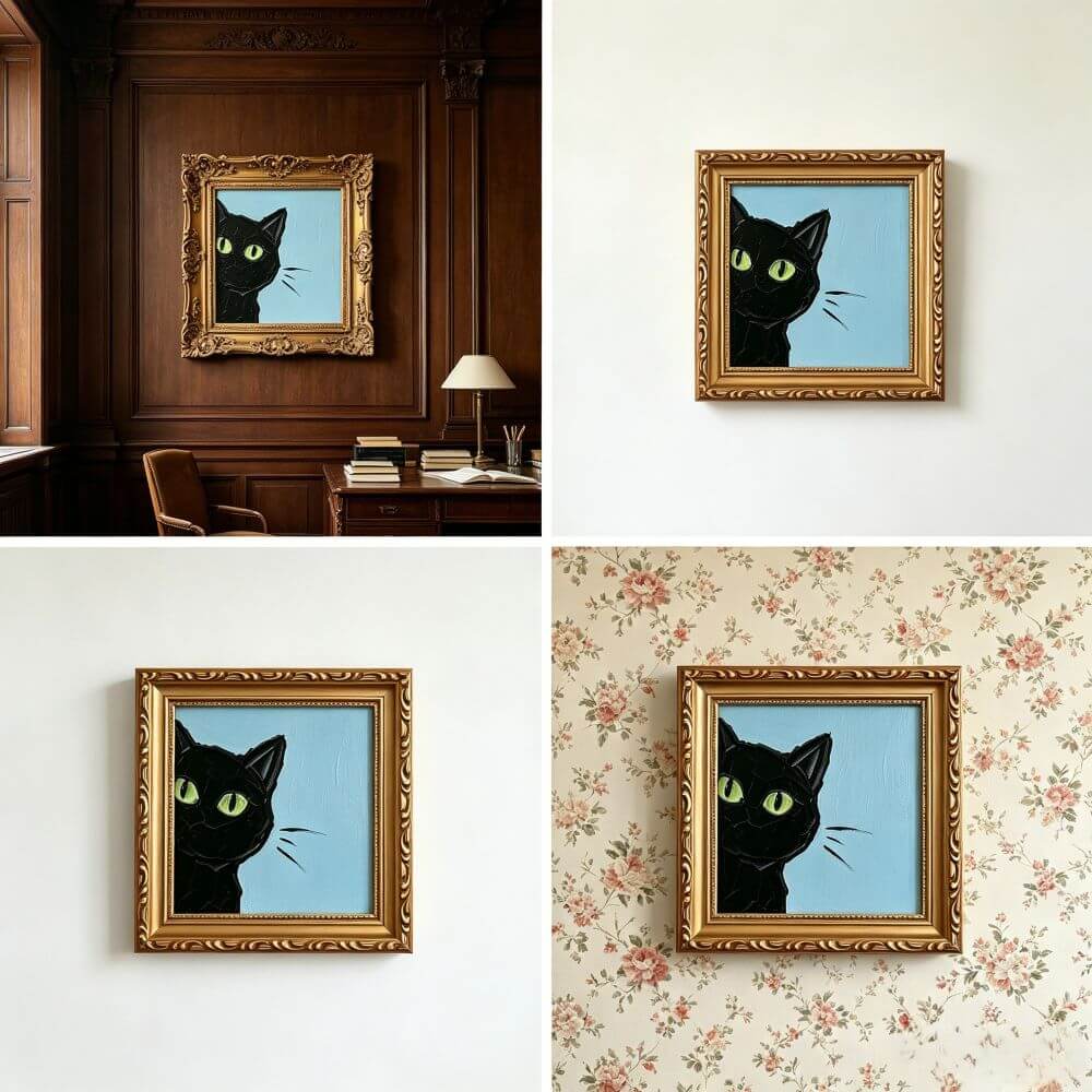 Hand-painted Small Framed Original Art, Miniature Black Cat Artwork, Hand Made Oil Paintings, Desk Decor