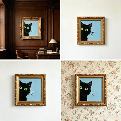 Hand-painted Small Framed Original Art, Miniature Black Cat Artwork, Hand Made Oil Paintings, Desk Decor