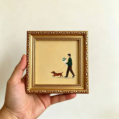 Hand-painted Small Framed Original Art, A Man With Dog Wall Decor, Hand Made Oil Paintings