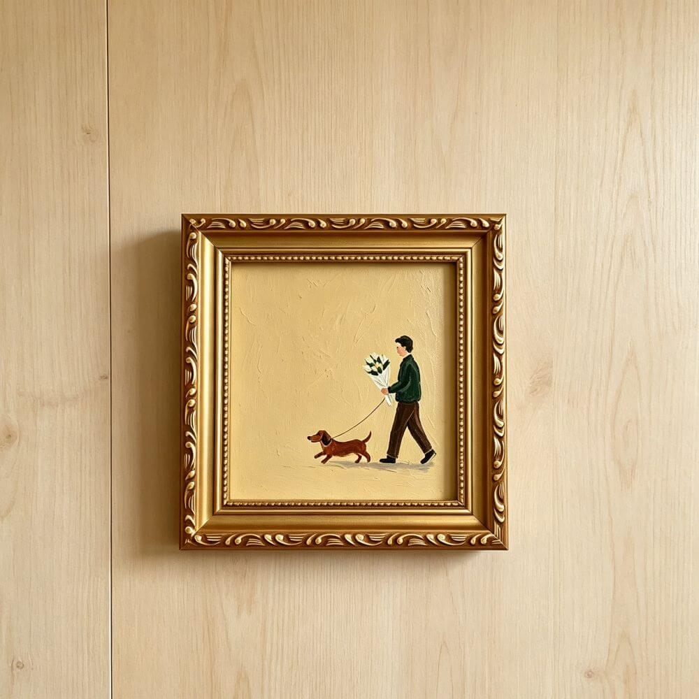Hand-painted Small Framed Original Art, A Man With Dog Wall Decor, Hand Made Oil Paintings