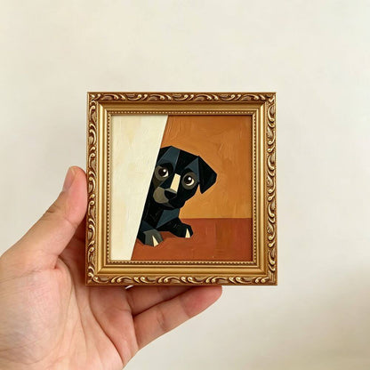 Hand-painted Small Framed Original Art, Miniature Black Dog Artwork, Hand Made Oil Paintings, Desk Decor