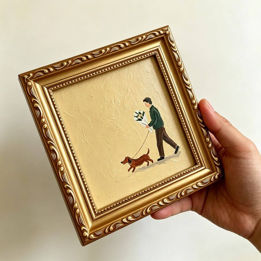 Hand-painted Small Framed Original Art, A Man With Dog Wall Decor, Hand Made Oil Paintings