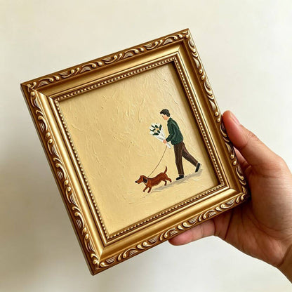 Hand-painted Small Framed Original Art, A Man With Dog Wall Decor, Hand Made Oil Paintings