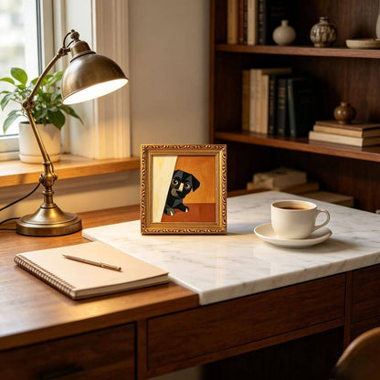 Hand-painted Small Framed Original Art, Miniature Black Dog Artwork, Hand Made Oil Paintings, Desk Decor