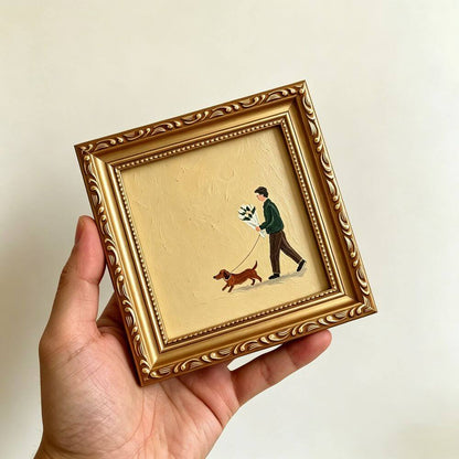 Hand-painted Small Framed Original Art, A Man With Dog Wall Decor, Hand Made Oil Paintings