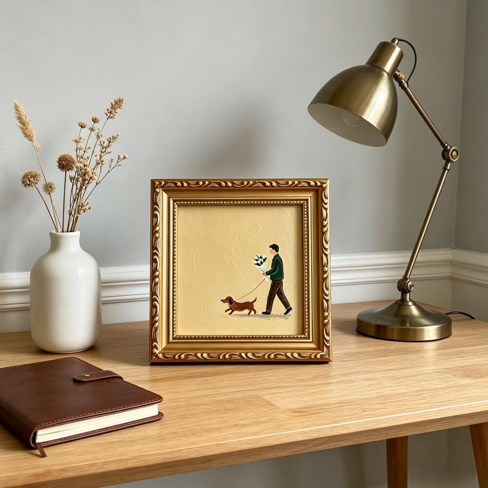 Hand-painted Small Framed Original Art, A Man With Dog Wall Decor, Hand Made Oil Paintings