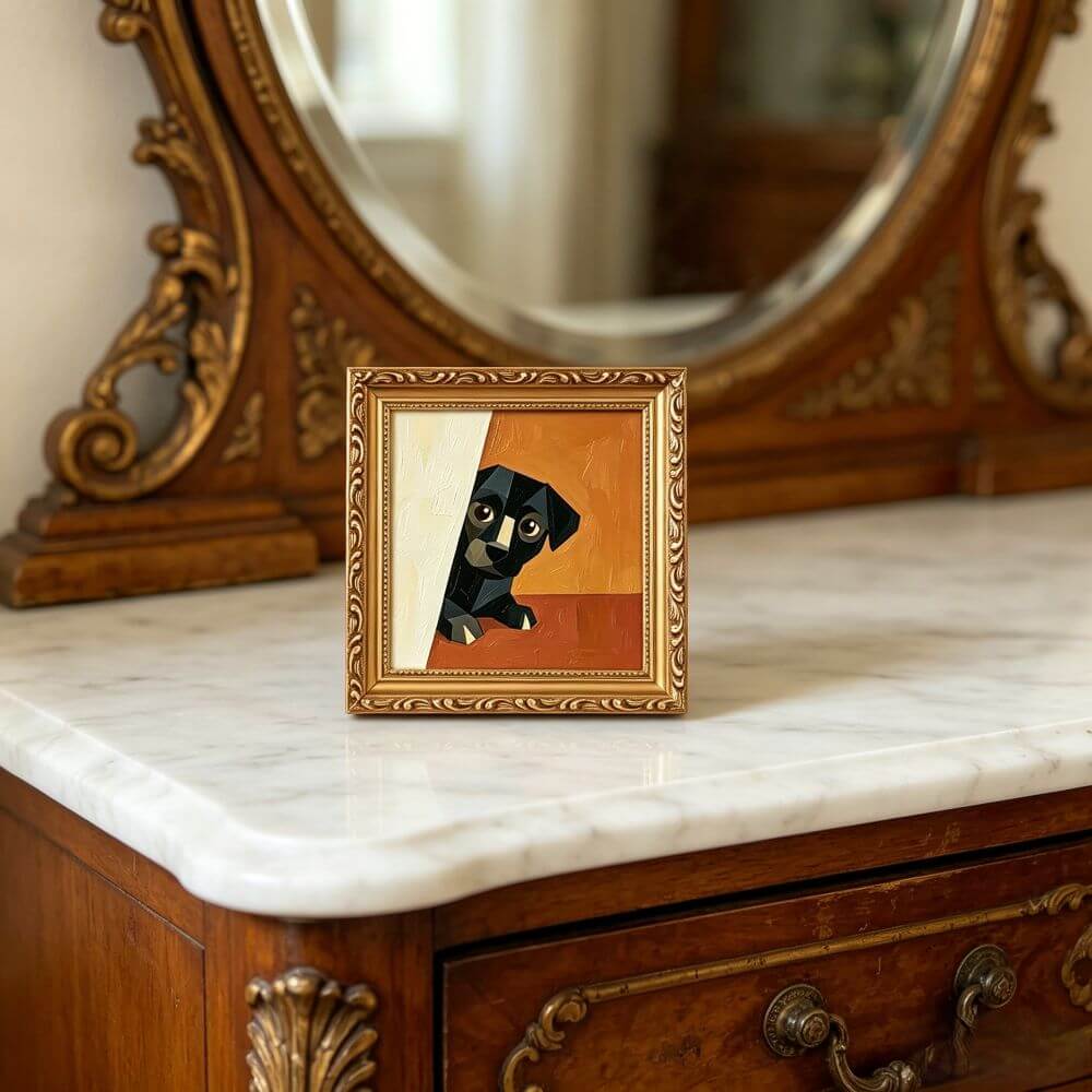 Hand-painted Small Framed Original Art, Miniature Black Dog Artwork, Hand Made Oil Paintings, Desk Decor