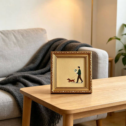 Hand-painted Small Framed Original Art, A Man With Dog Wall Decor, Hand Made Oil Paintings