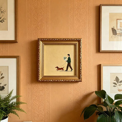 Hand-painted Small Framed Original Art, A Man With Dog Wall Decor, Hand Made Oil Paintings