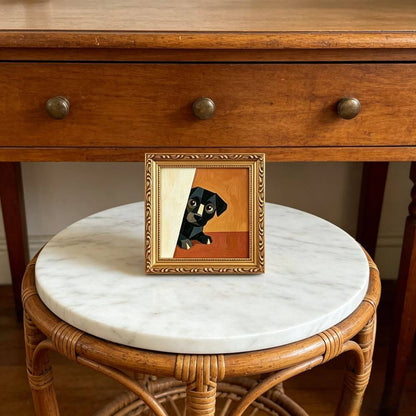 Hand-painted Small Framed Original Art, Miniature Black Dog Artwork, Hand Made Oil Paintings, Desk Decor