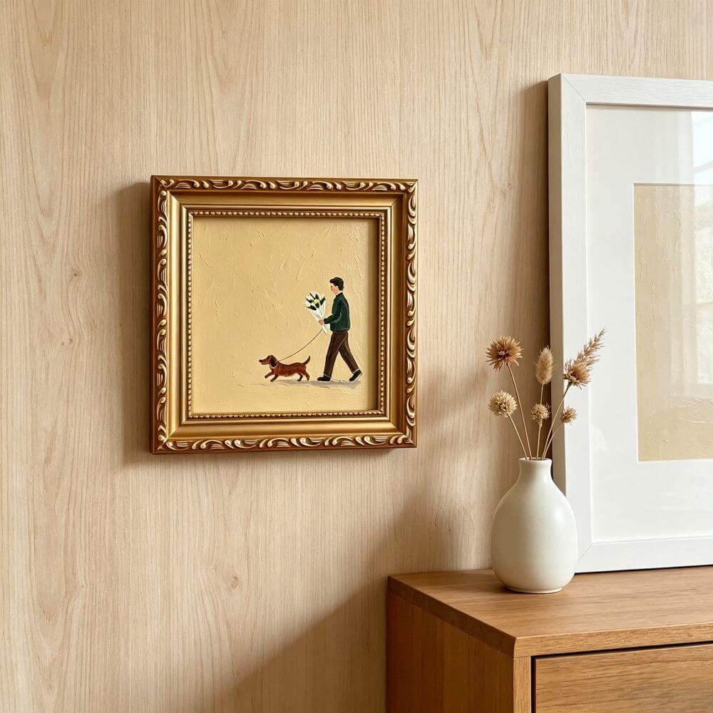 Hand-painted Small Framed Original Art, A Man With Dog Wall Decor, Hand Made Oil Paintings