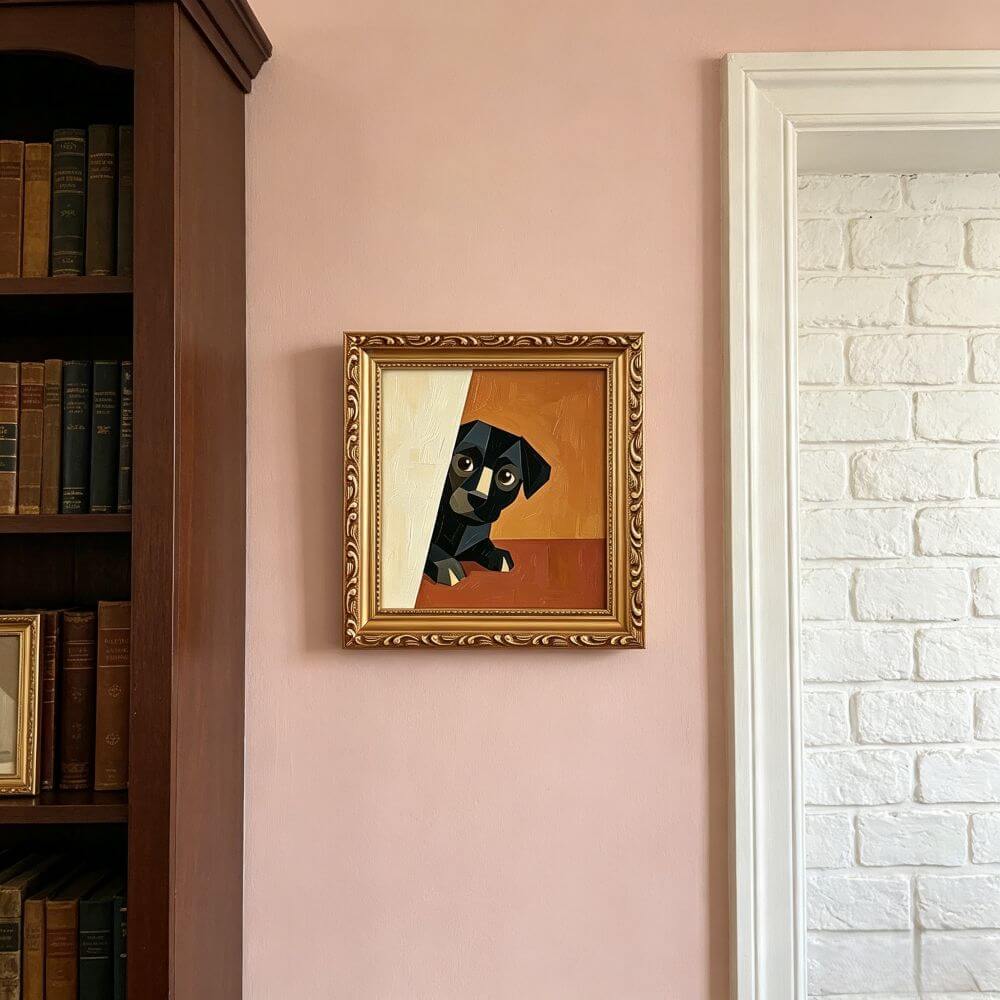 Hand-painted Small Framed Original Art, Miniature Black Dog Artwork, Hand Made Oil Paintings, Desk Decor
