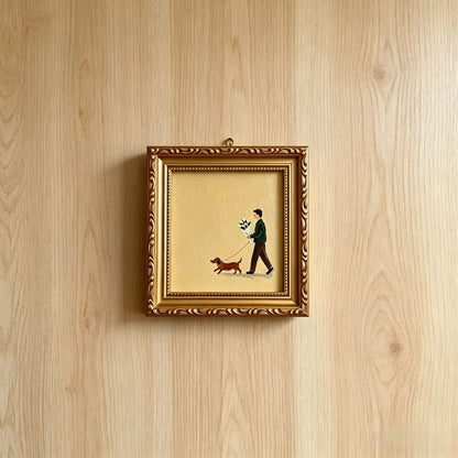 Hand-painted Small Framed Original Art, A Man With Dog Wall Decor, Hand Made Oil Paintings