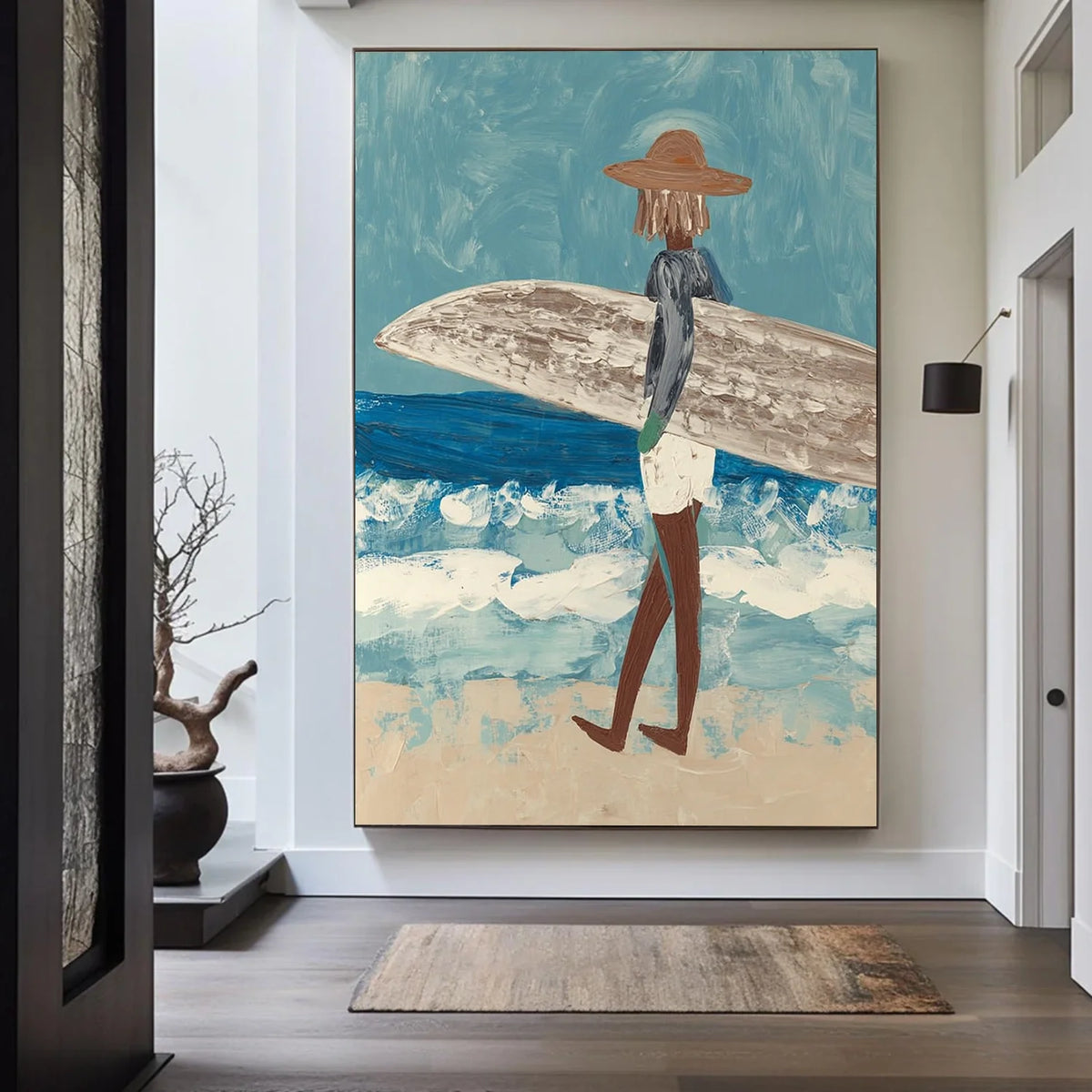 Handcrafted surfer painting coastal wall art