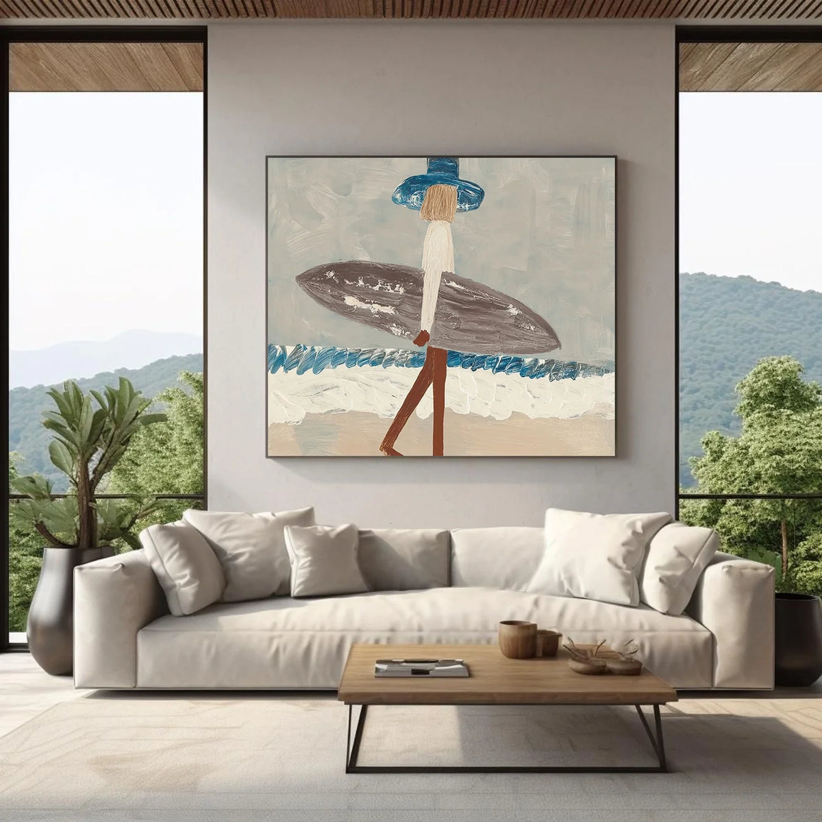 Handcrafted surfer painting coastal wall art