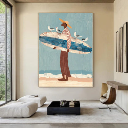 Handcrafted surfer painting coastal wall art