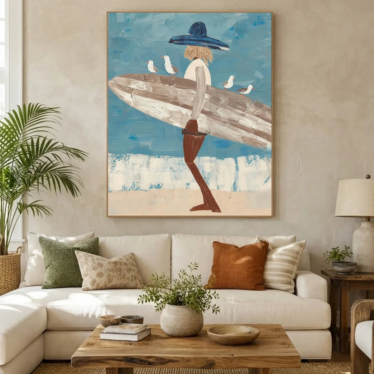 Handcrafted surfer painting coastal wall art
