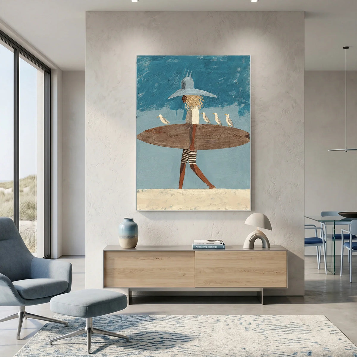 Handcrafted surfer painting coastal wall art
