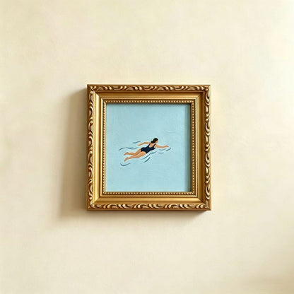 Hand-painted Small Framed Original Art, Miniature Canvas Artwork, Woman Swimming Oil Painting
