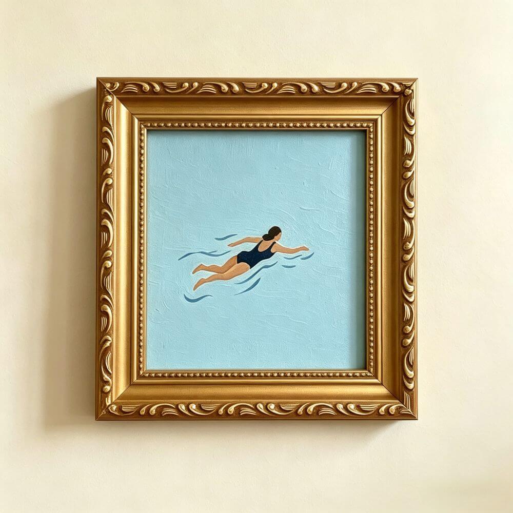 Hand-painted Small Framed Original Art, Miniature Canvas Artwork, Woman Swimming Oil Painting