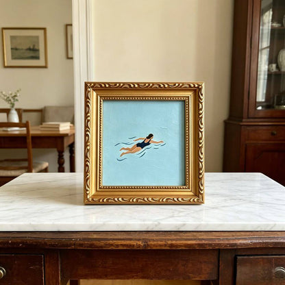 Hand-painted Small Framed Original Art, Miniature Canvas Artwork, Woman Swimming Oil Painting