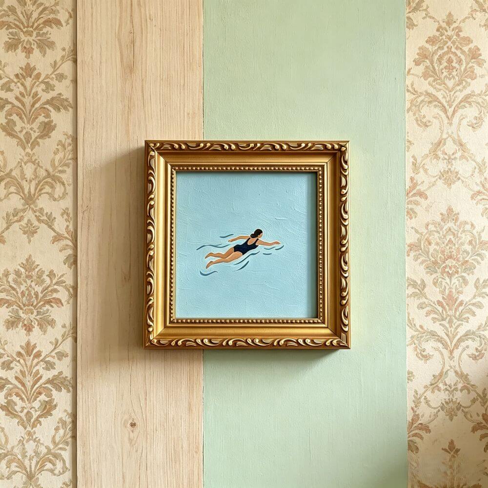 Hand-painted Small Framed Original Art, Miniature Canvas Artwork, Woman Swimming Oil Painting
