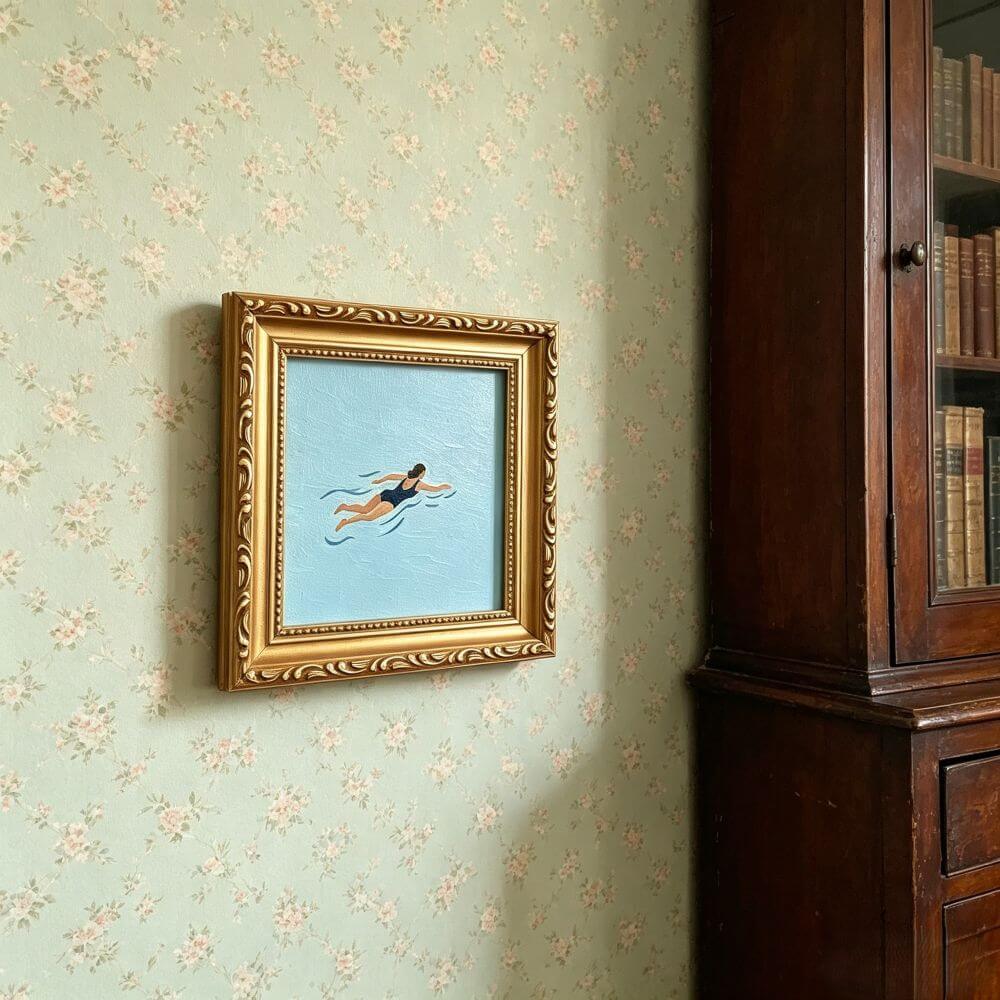 Hand-painted Small Framed Original Art, Miniature Canvas Artwork, Woman Swimming Oil Painting