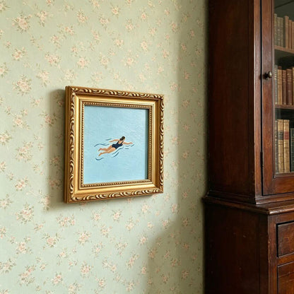 Hand-painted Small Framed Original Art, Miniature Canvas Artwork, Woman Swimming Oil Painting