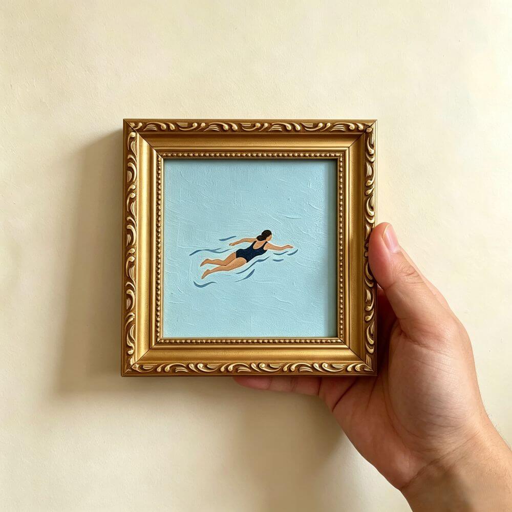 Hand-painted Small Framed Original Art, Miniature Canvas Artwork, Woman Swimming Oil Painting