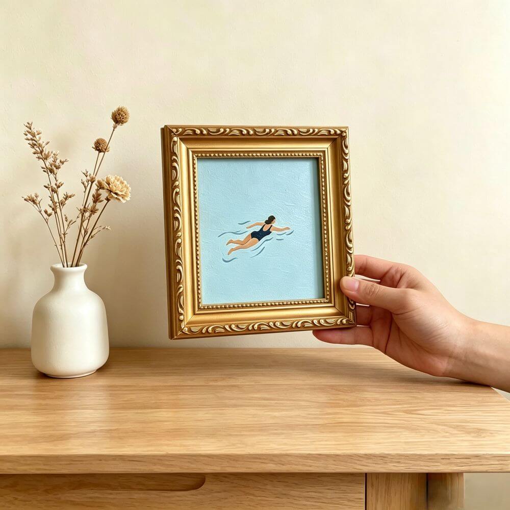 Hand-painted Small Framed Original Art, Miniature Canvas Artwork, Woman Swimming Oil Painting