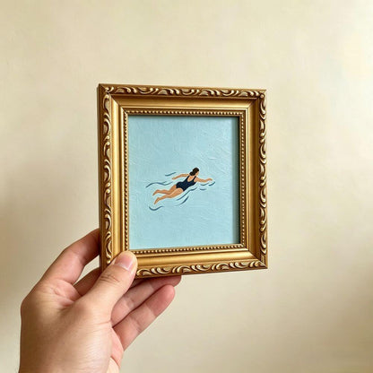 Hand-painted Small Framed Original Art, Miniature Canvas Artwork, Woman Swimming Oil Painting