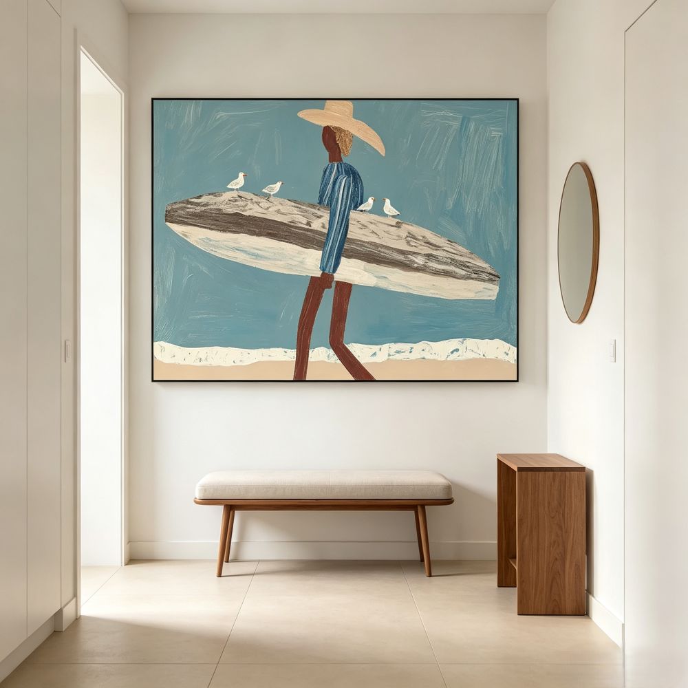 Surfer Painting Minimalist Coastal Beach Canvas Artwork #AE100