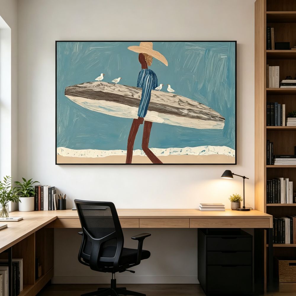 Surfer Painting Minimalist Coastal Beach Canvas Artwork #AE100