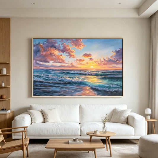 Hand-painted Textured Ocean Wave Oil Painting, Sunset Seascape Canvas Wall Art, Living Room Decor
