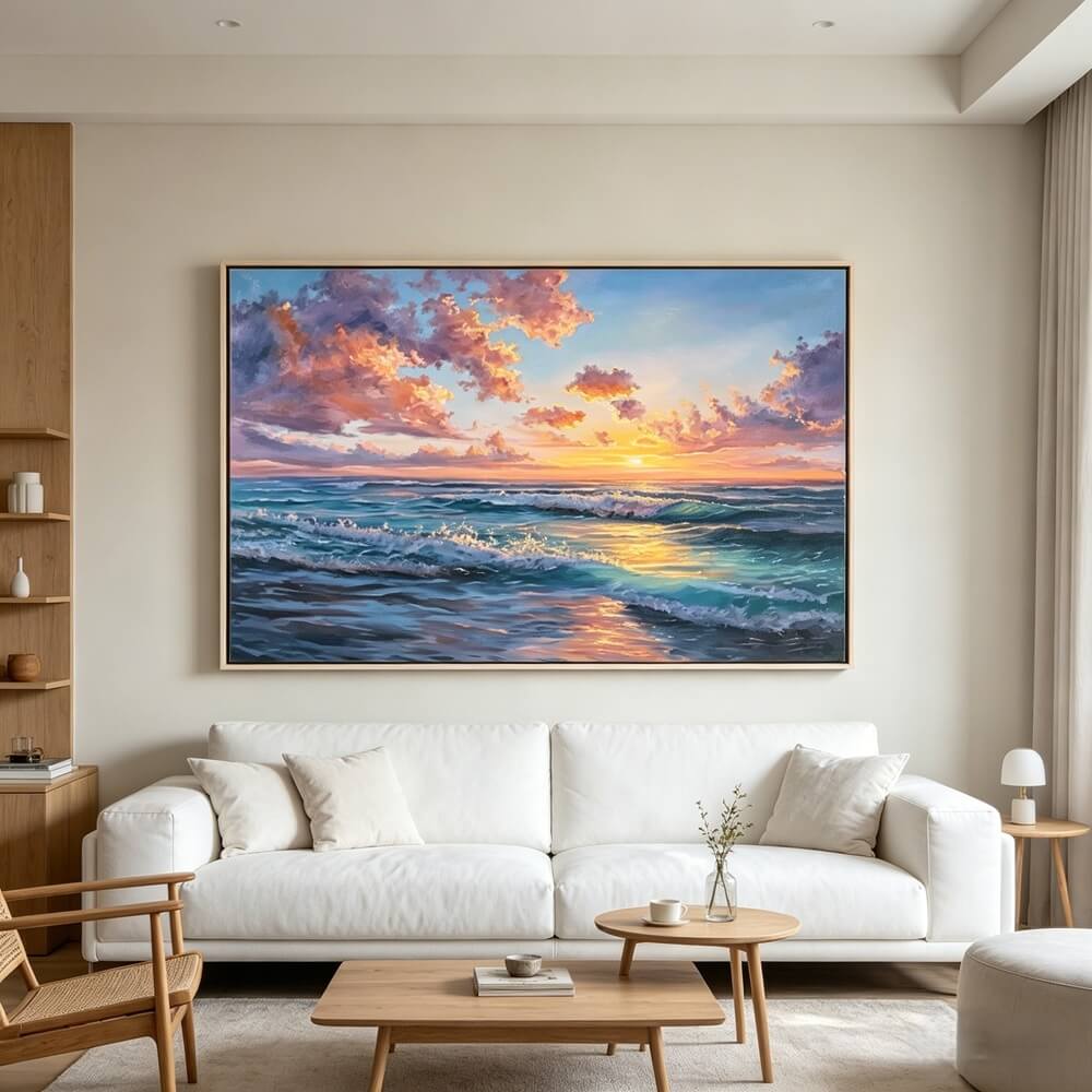 Hand-painted Textured Ocean Wave Oil Painting, Sunset Seascape Canvas Wall Art, Living Room Decor