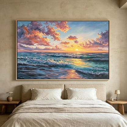 Hand-painted Textured Ocean Wave Oil Painting, Sunset Seascape Canvas Wall Art, Living Room Decor