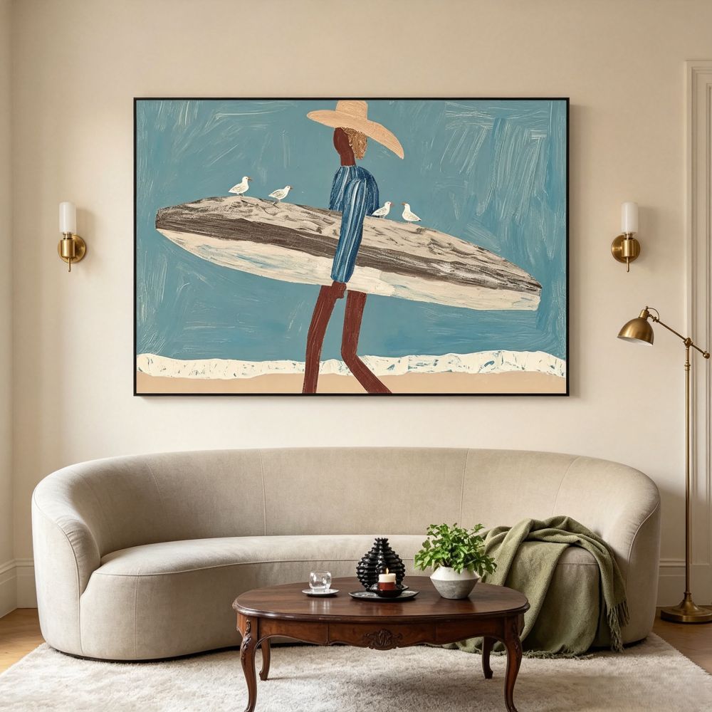 Surfer Painting Minimalist Coastal Beach Canvas Artwork #AE100